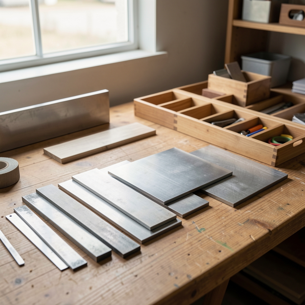 Mesa de trabajo con muestras de metal, madera y organizadores sin personas