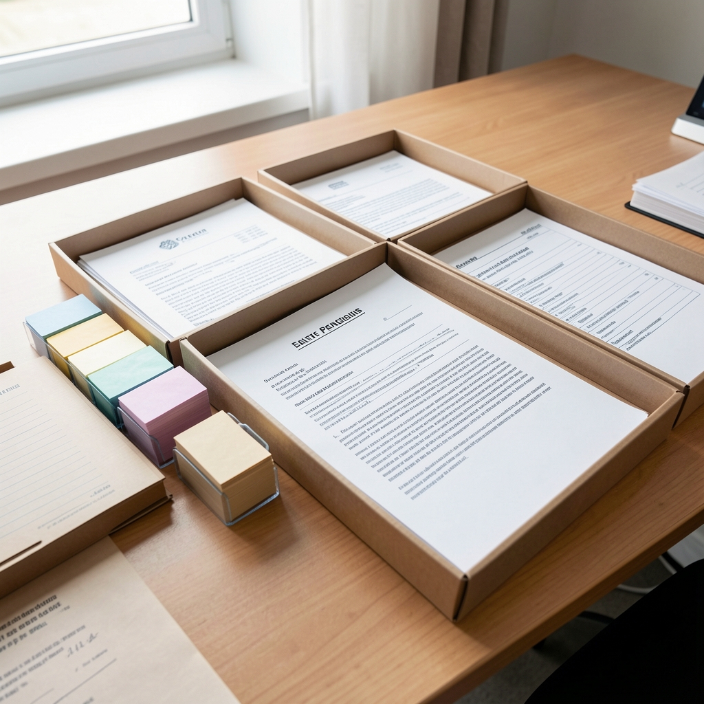 Bandejas de documentos con separadores para entradas y pendientes sobre un escritorio sin personas