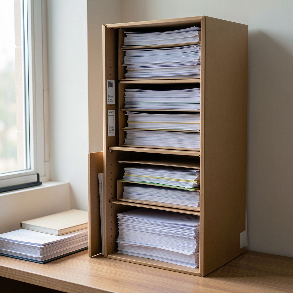 Archivo vertical con carpetas y documentos A4 ordenados en un espacio de trabajo sin personas