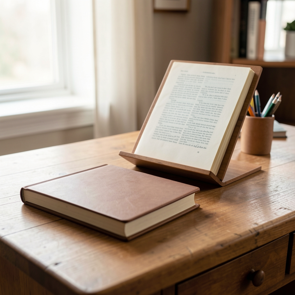 Cuaderno cerrado, soporte de lectura y portalápices sobre escritorio sin personas