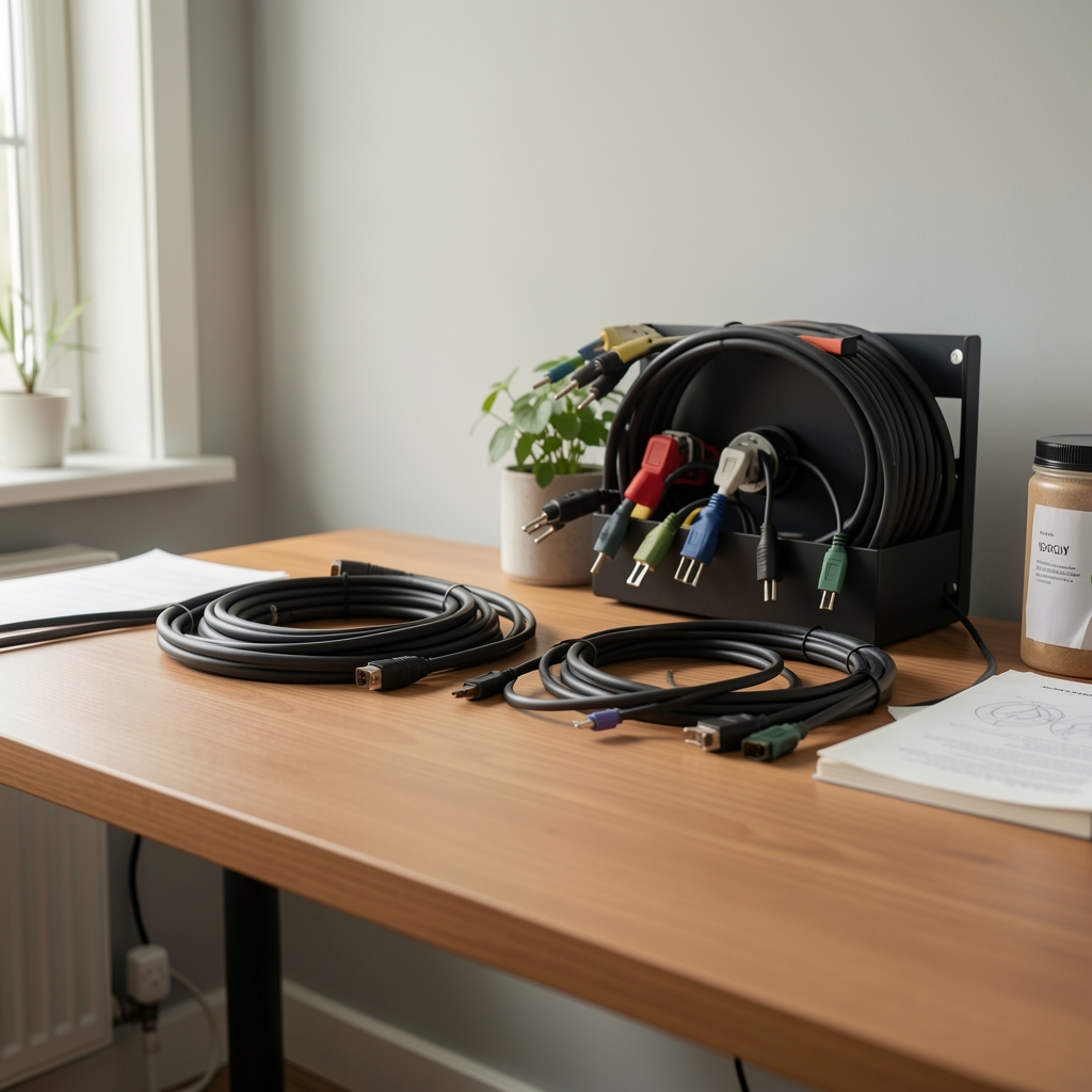 Accesorios de organización de cables colocados detrás de un escritorio doméstico sin personas
