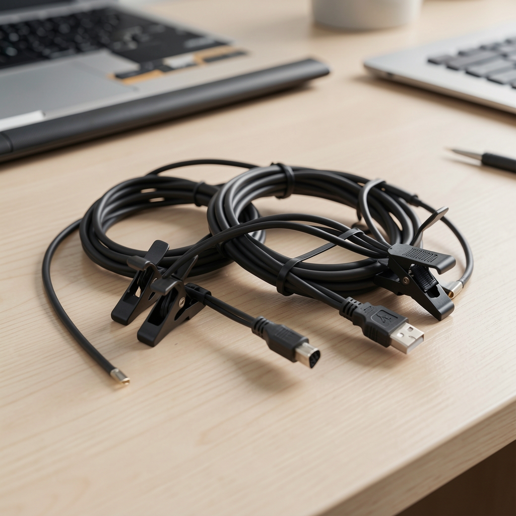 Organizador de cables con clips y pasacables sobre un escritorio de madera clara