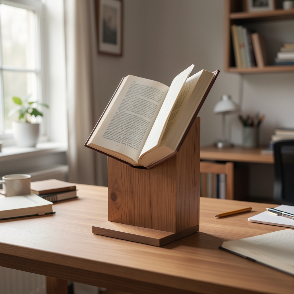 Soporte vertical de madera para libro abierto sobre mesa de estudio sin personas