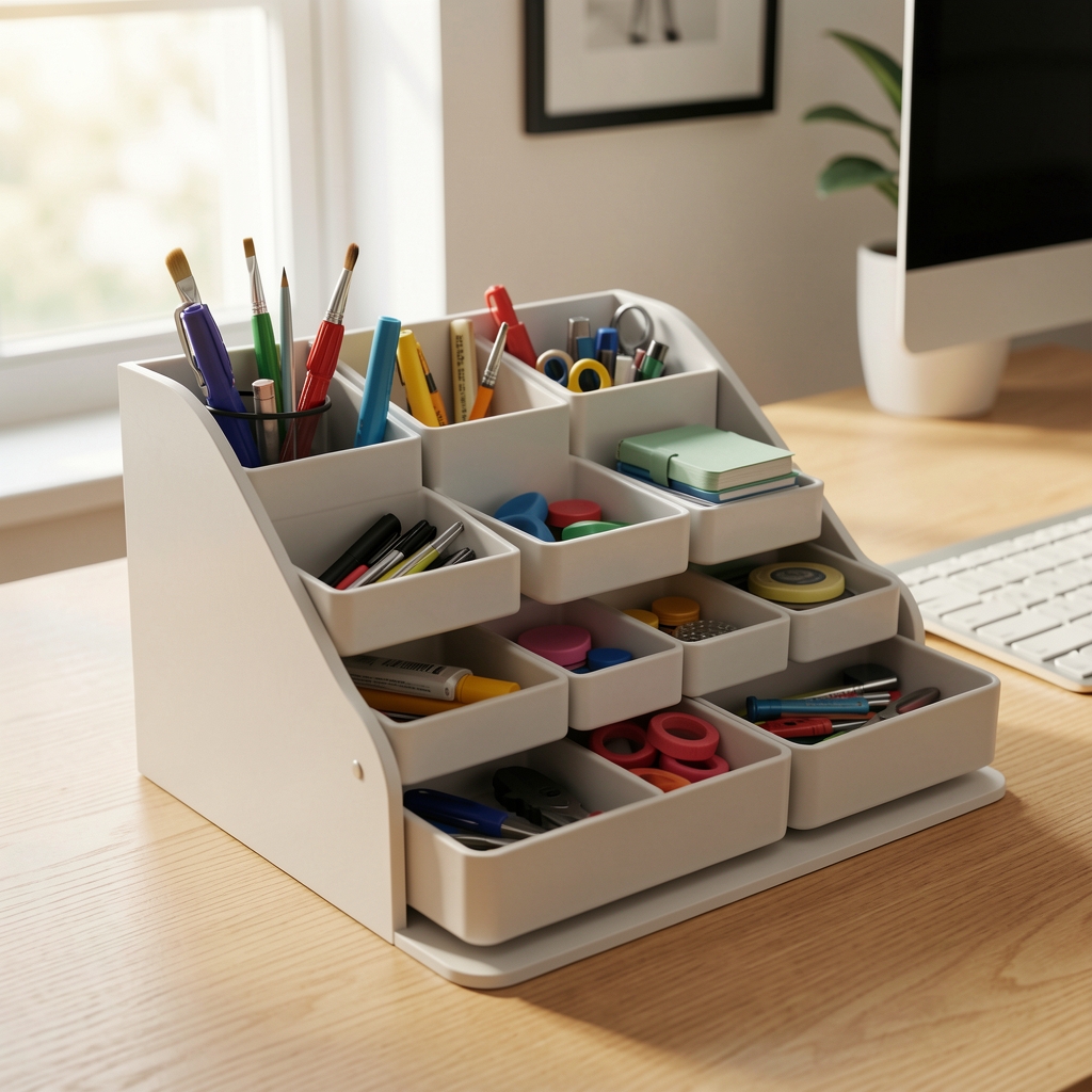 Organizador modular de escritorio con bandejas pequeñas para útiles sin personas