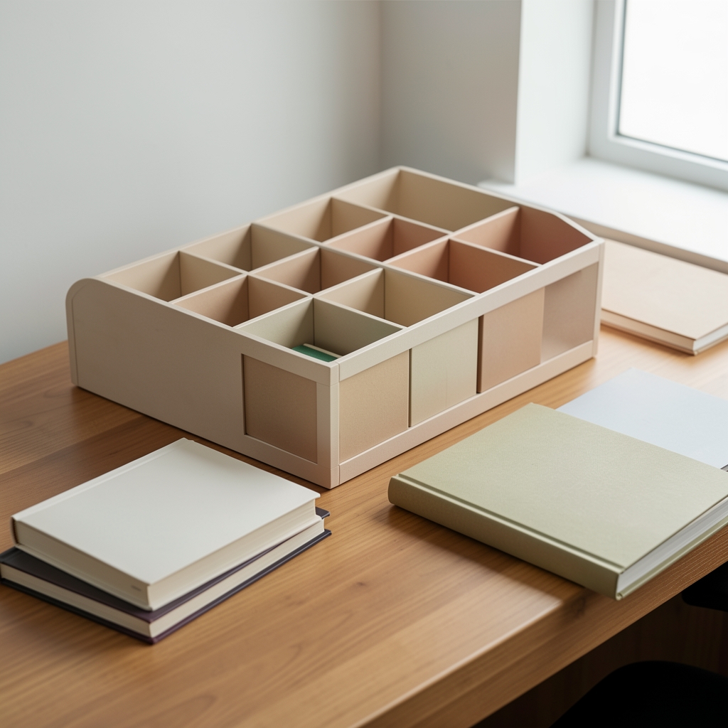 Organizador de escritorio de varios compartimentos junto a cuadernos cerrados sin personas