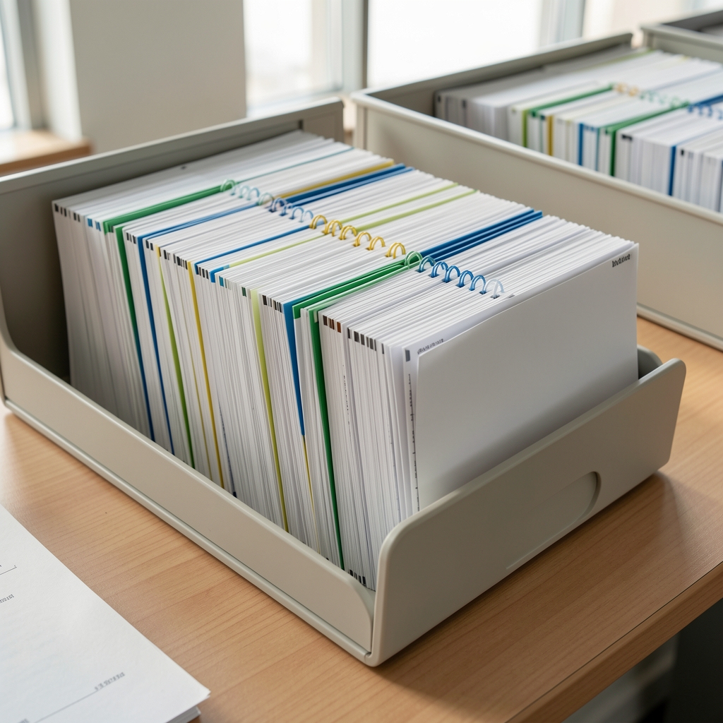 Documentos A4 clasificados en bandejas de escritorio con separadores visibles