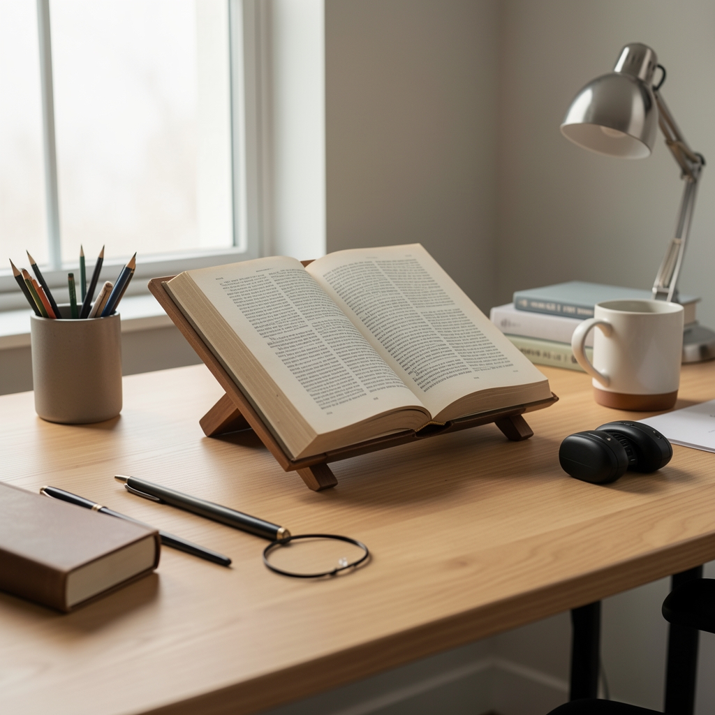 Espacio de estudio doméstico con soporte para libros, portalápices y bandeja sin personas