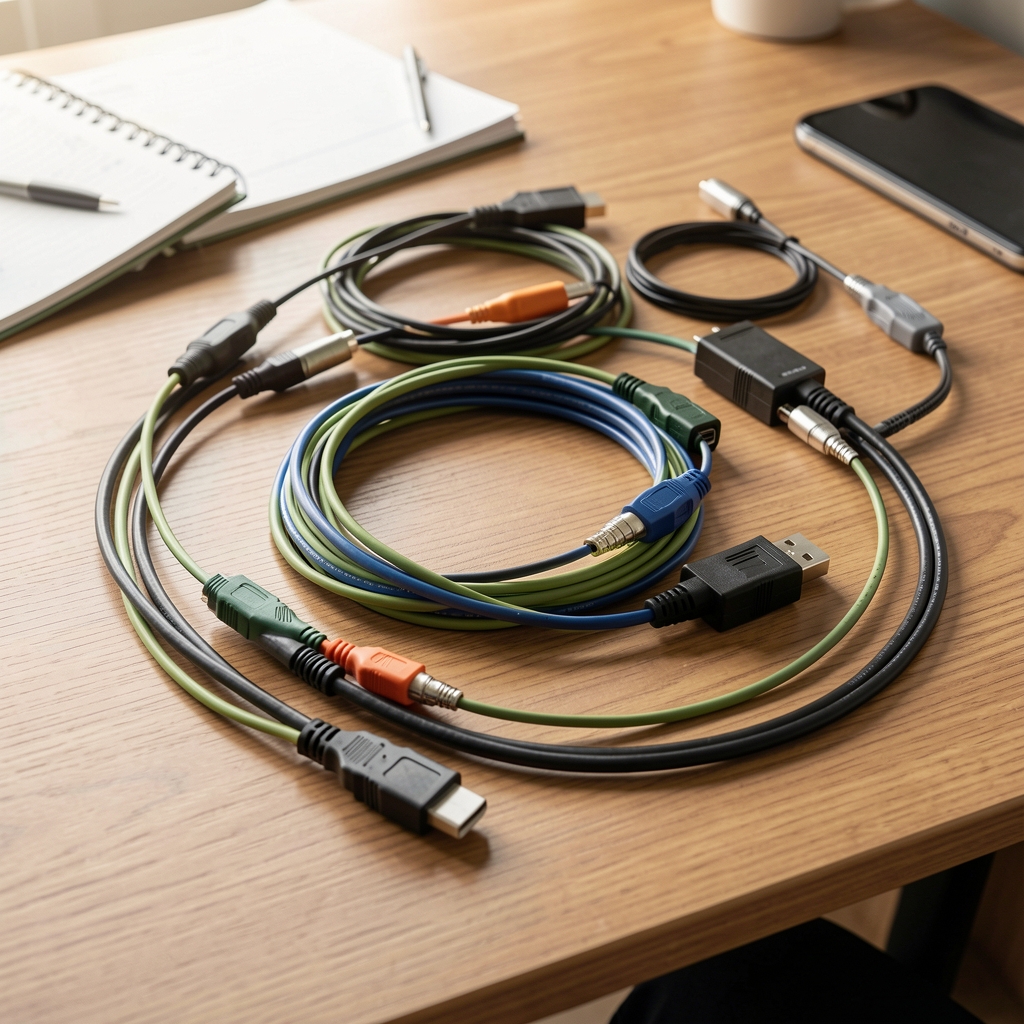 Esquema de organización de cables y accesorios sobre escritorio sin personas