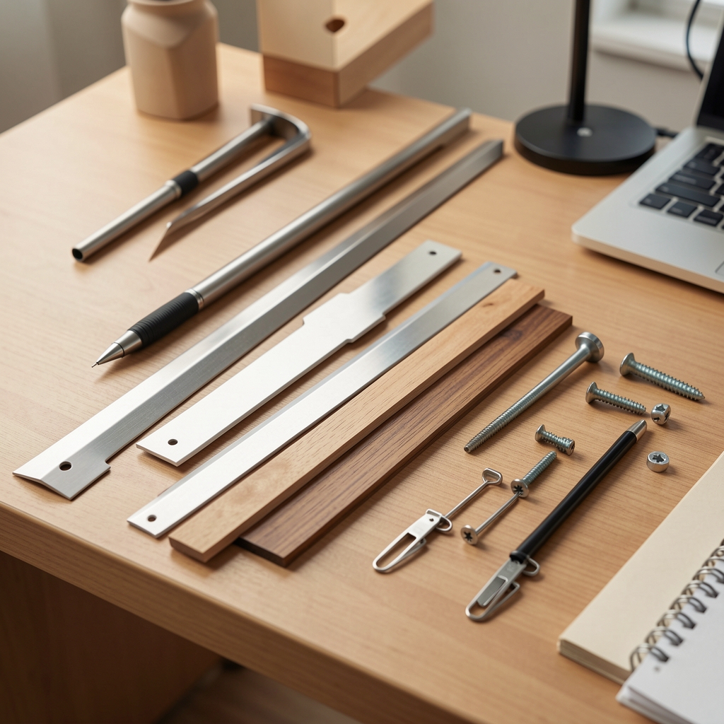 Muestras de metal, madera y plástico junto a accesorios de escritorio sin personas