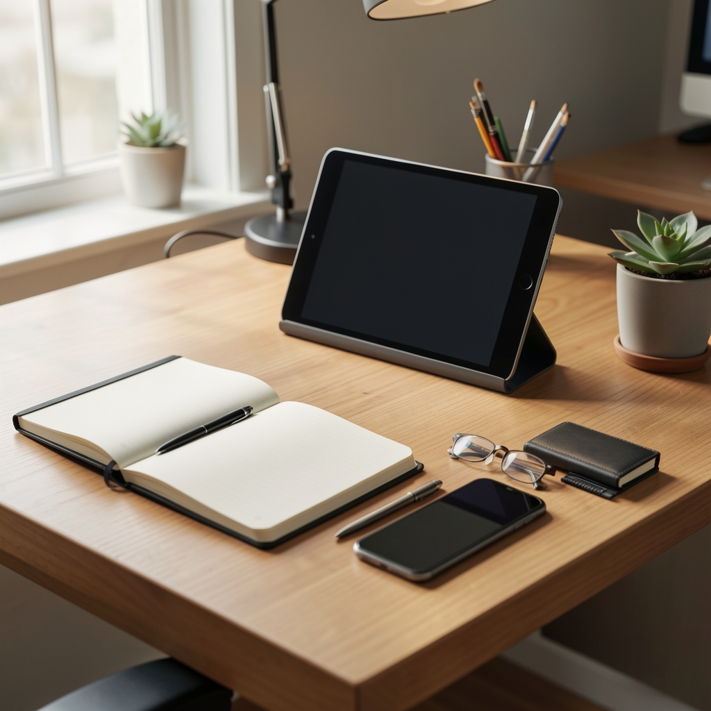 Mesa de estudio organizada con cuaderno, tablet en soporte y accesorios separados sin personas