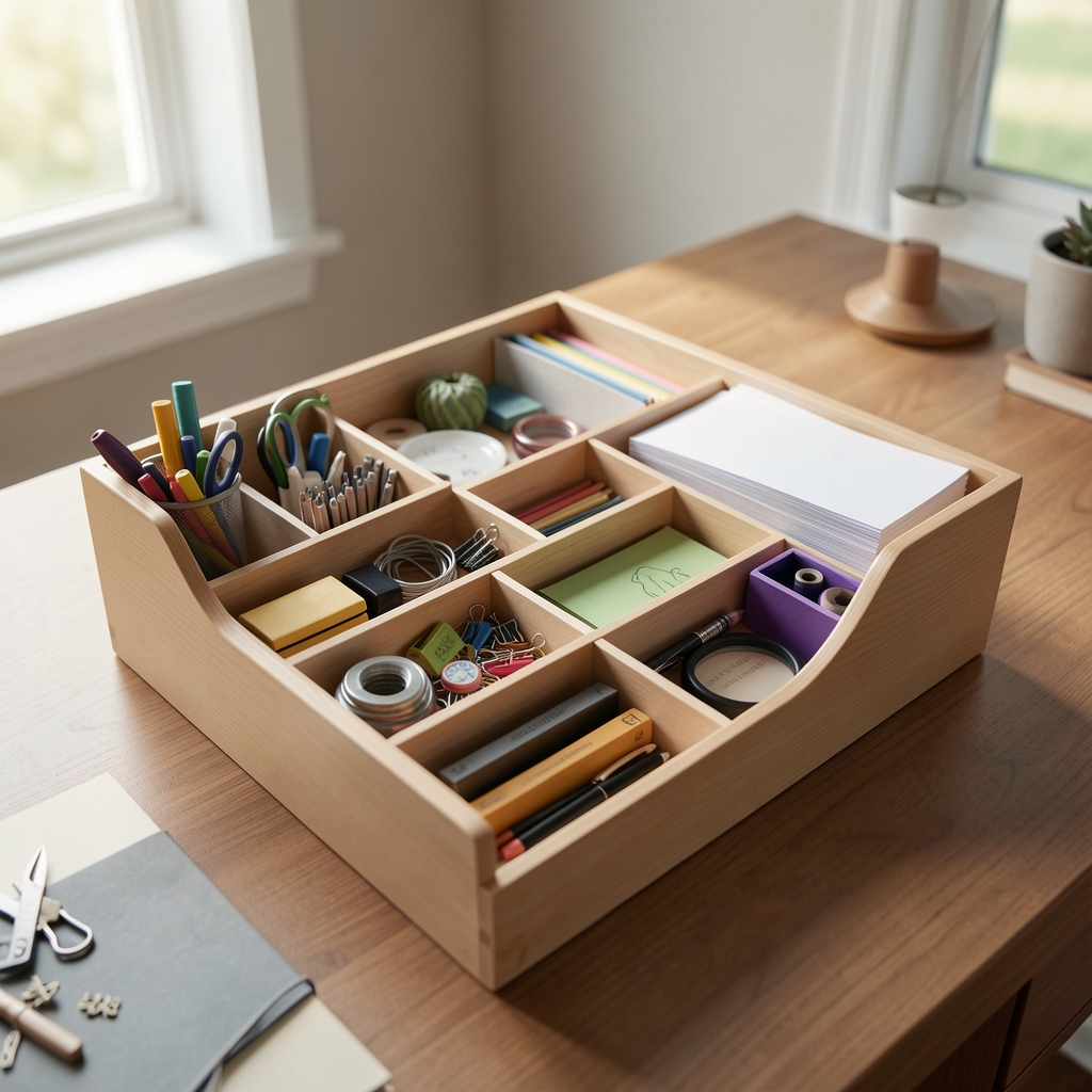 Organizador de escritorio con compartimentos para accesorios y papelería sin personas