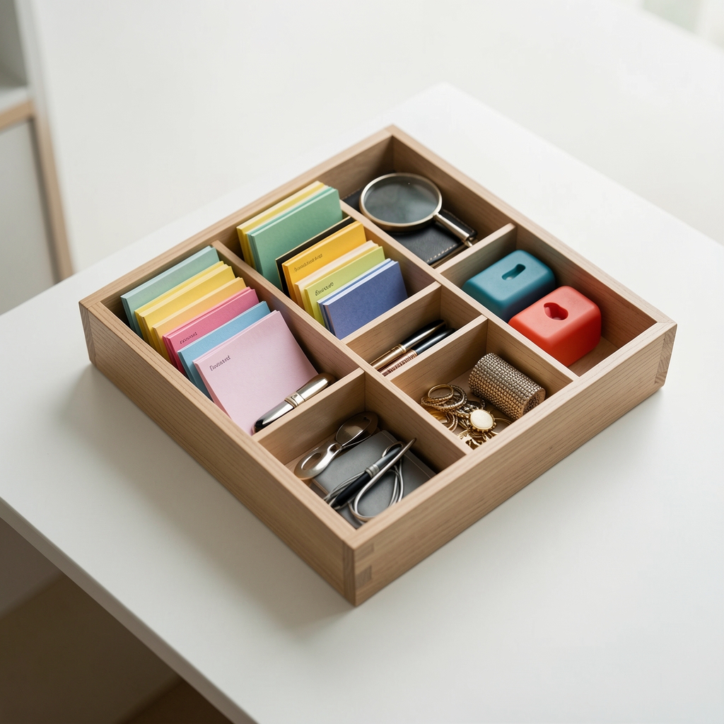 Organizador modular con divisiones ordenando notas y accesorios sobre una mesa clara