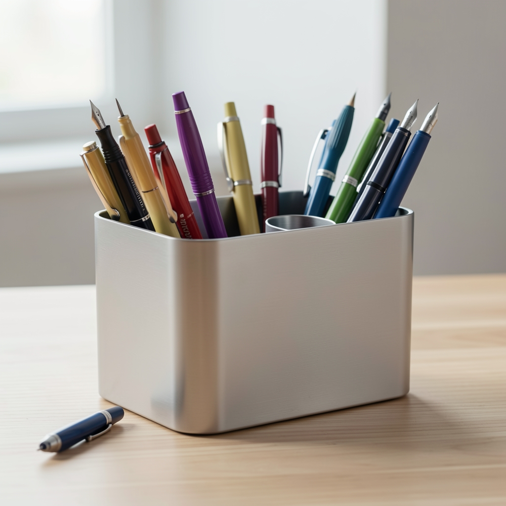 Portalápices metálico de sobremesa con instrumentos de escritura organizados sin personas