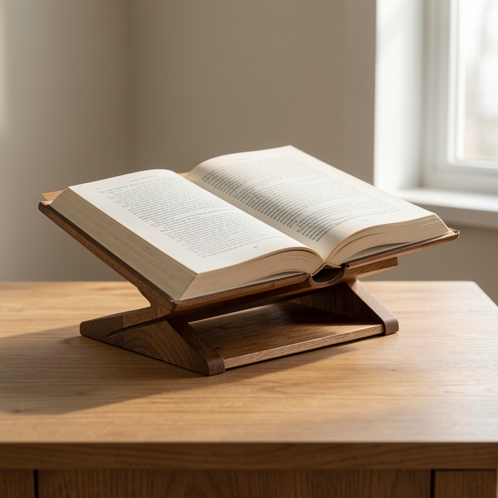 Soporte de madera para libro abierto con base estable sobre escritorio sin personas