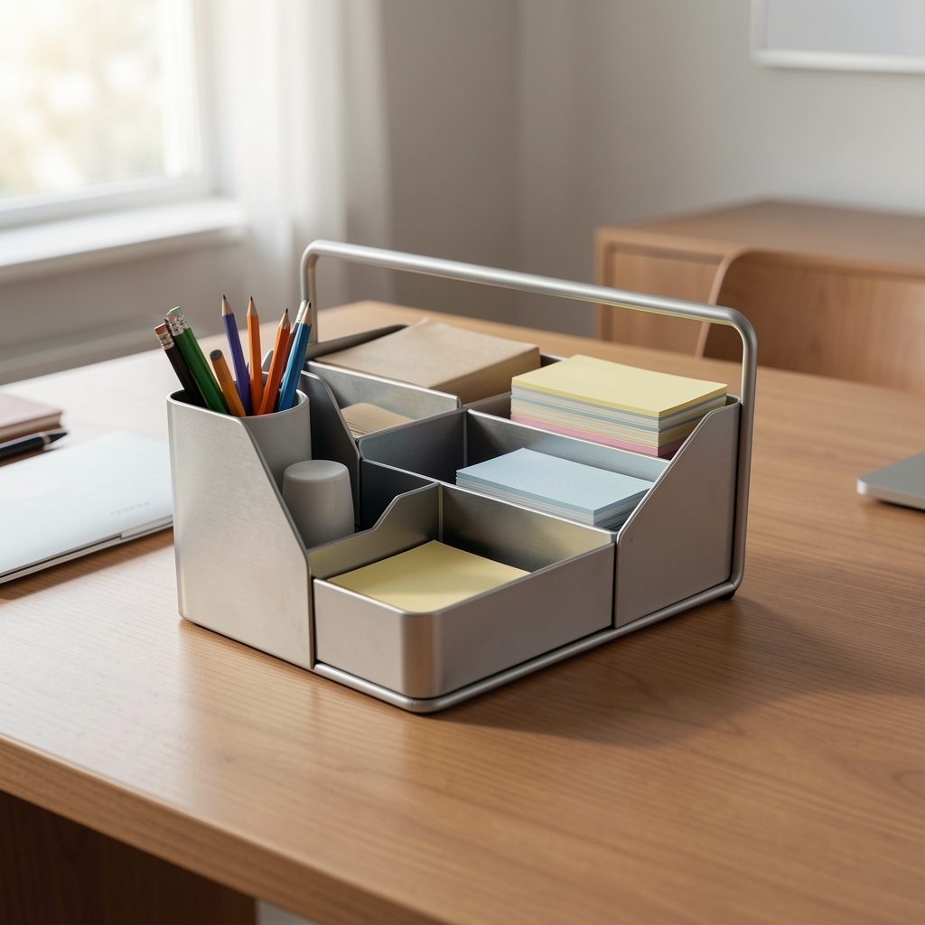 Organizador modular de metal con compartimentos para lápices y notas sobre escritorio sin personas