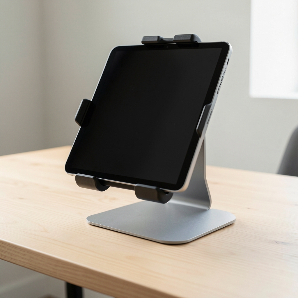 Soporte ajustable para tablet con base estable sobre una mesa de madera clara