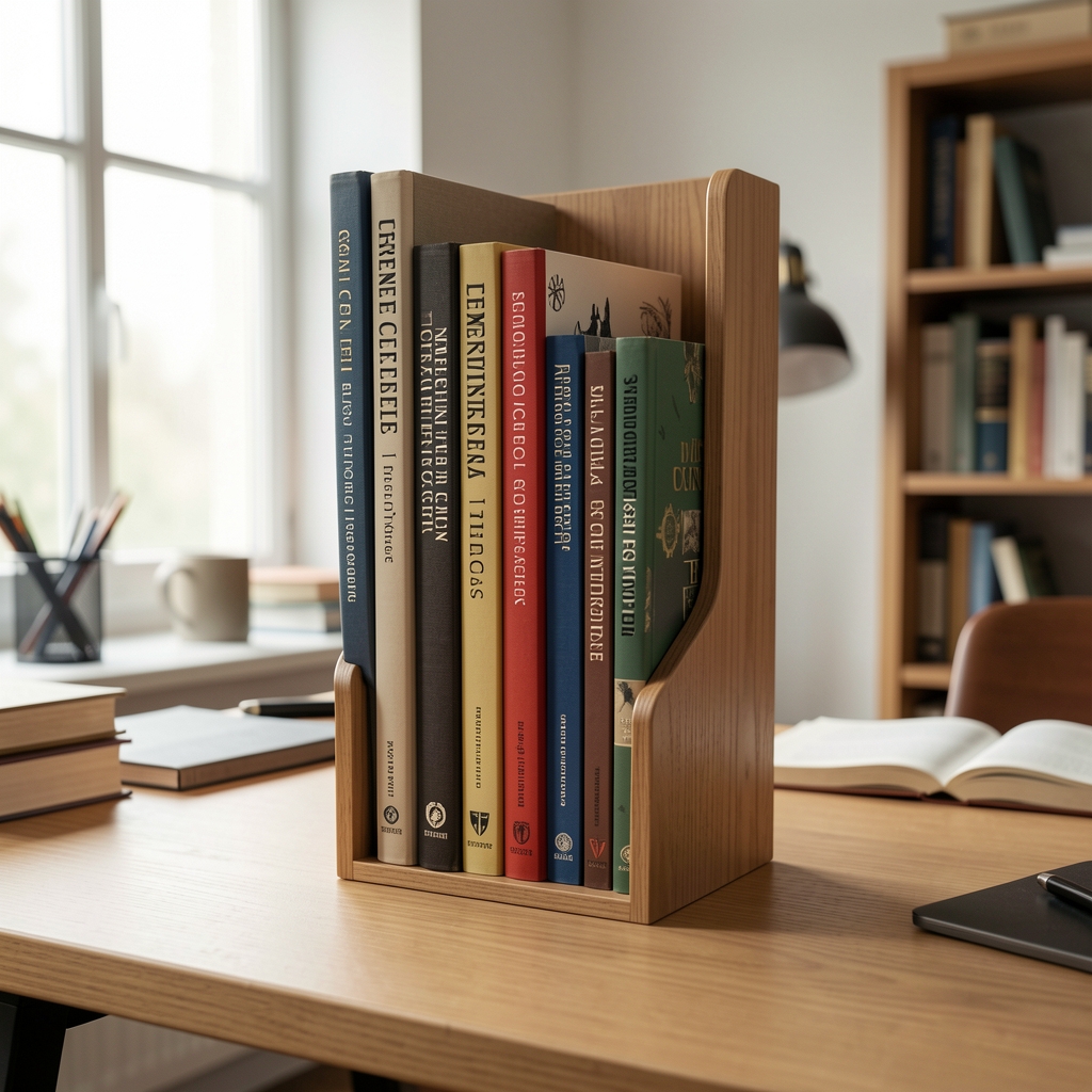 Soporte vertical para libros de consulta sobre un escritorio de estudio sin personas