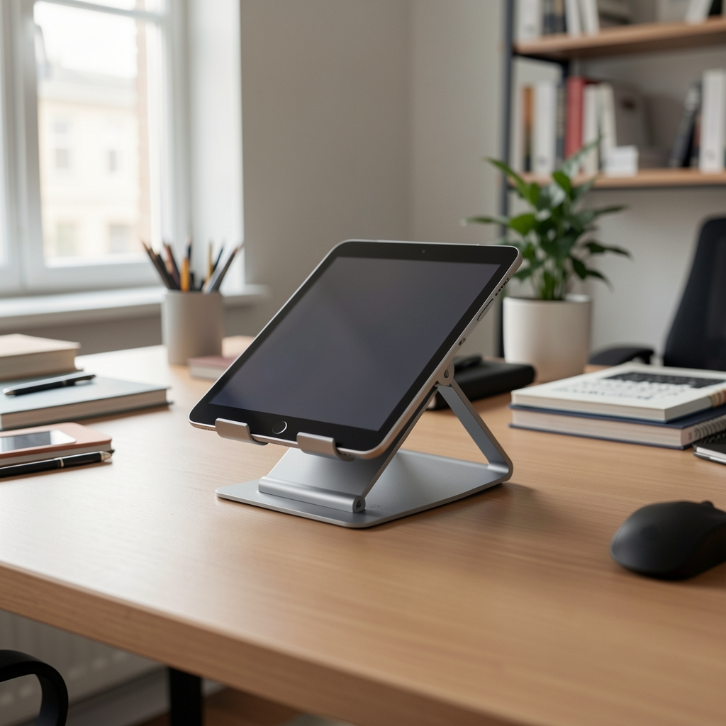 Soporte ajustable para tablet sobre una mesa de estudio ordenada y sin personas