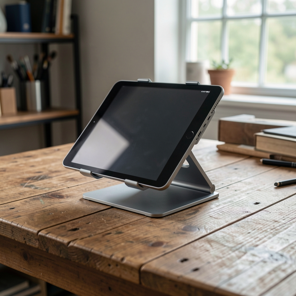 Soporte ajustable para tablet sobre una mesa de estudio de madera sin personas